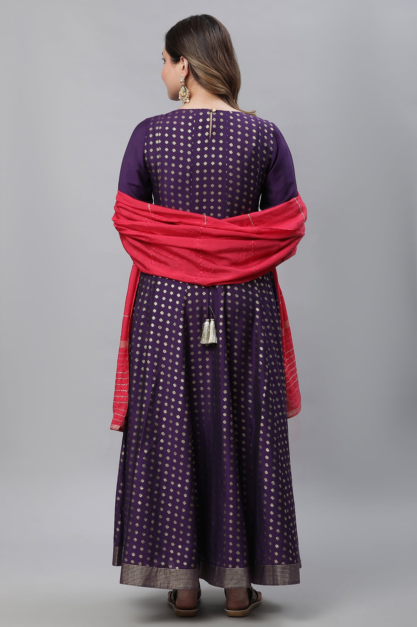 Purple Embellished Long Kurta, Tights and Pink Dupatta Set