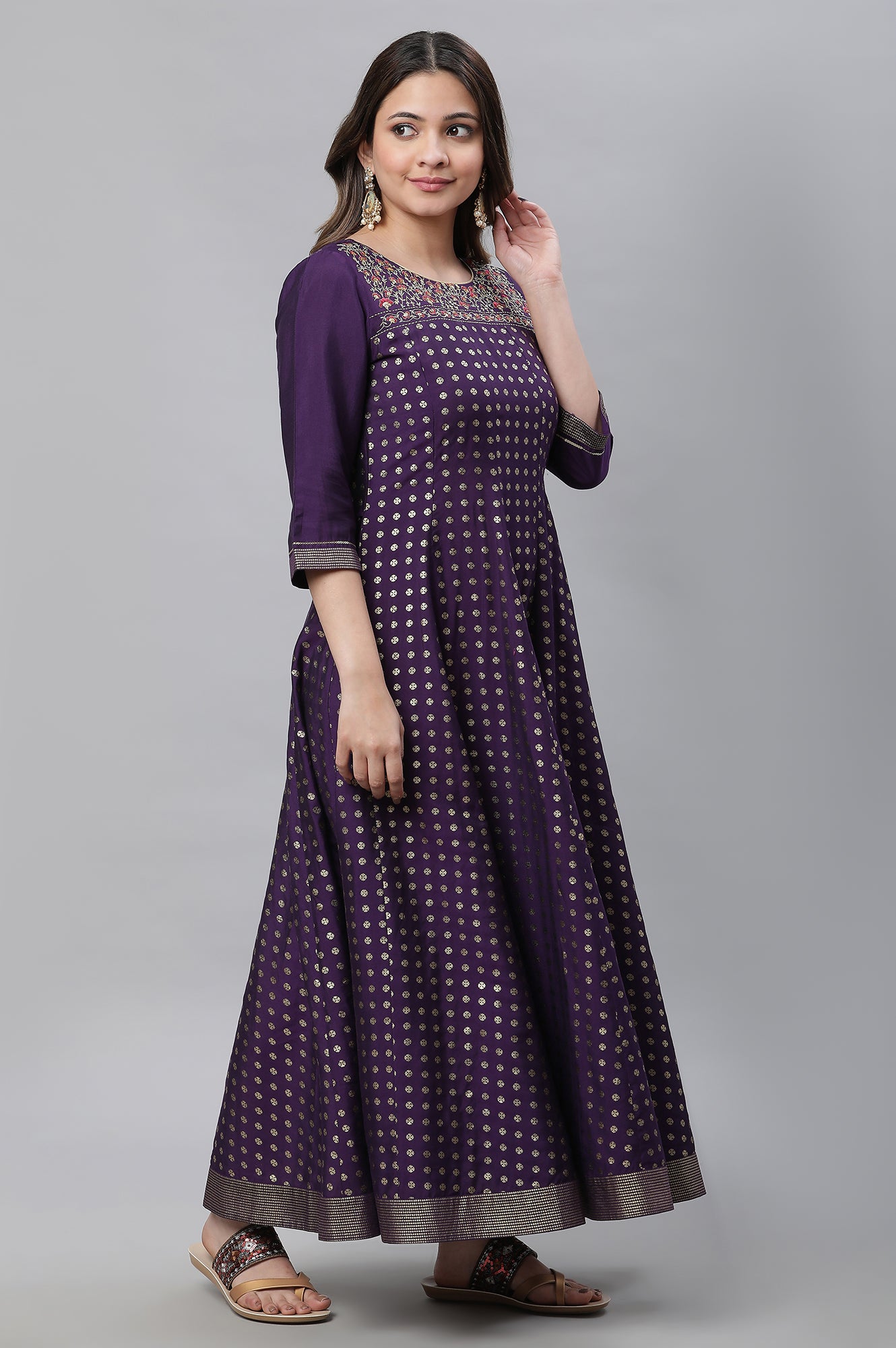 Purple Embellished Long Kurta, Tights and Pink Dupatta Set