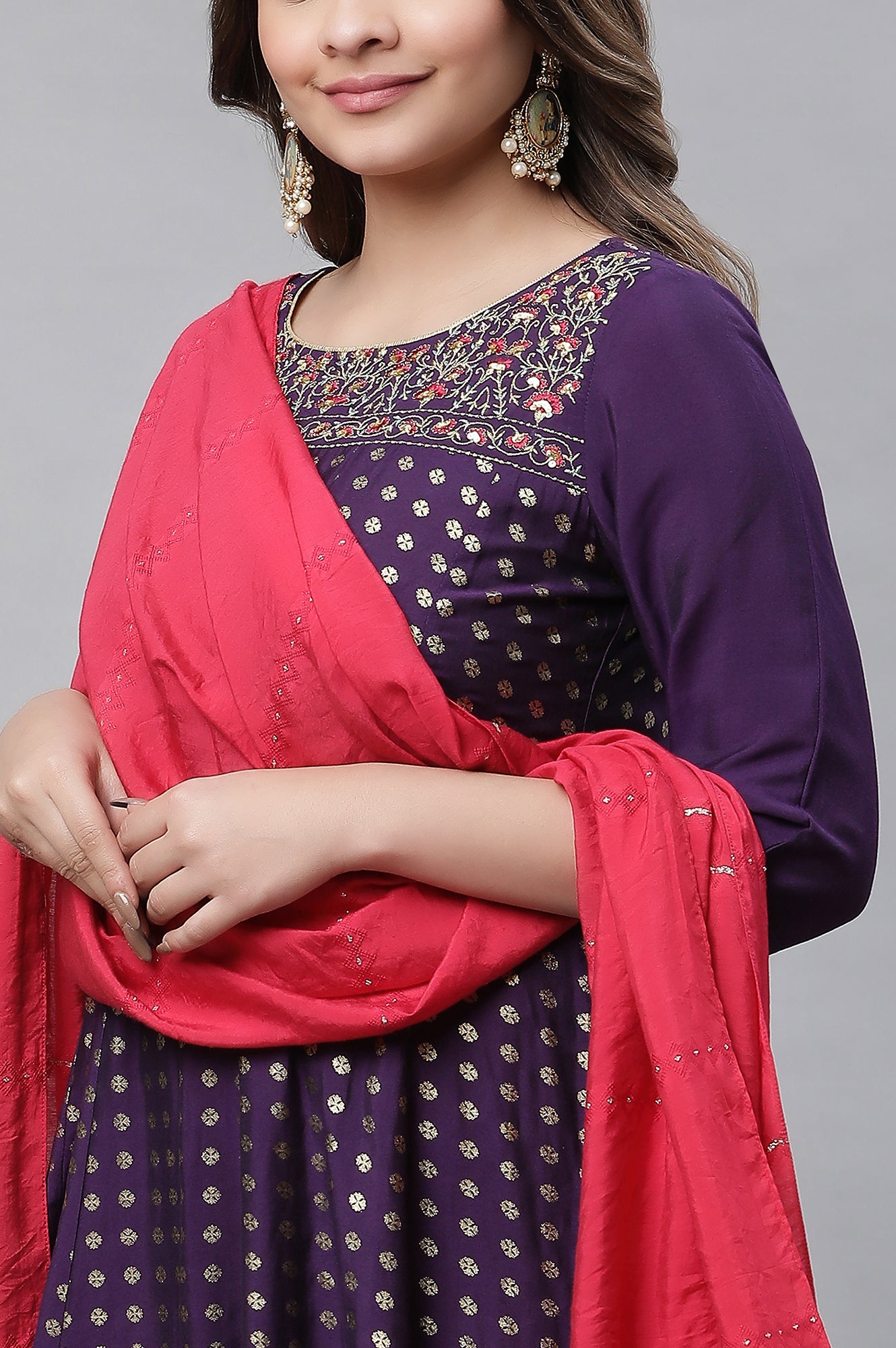 Purple Embellished Long Kurta, Tights and Pink Dupatta Set