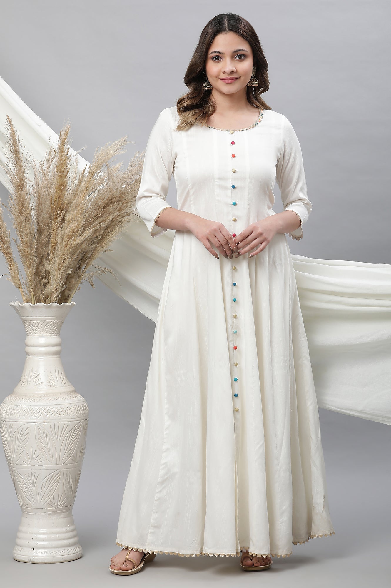 Buy White Anarkali Kurta, Tights and Dupatta Set Online for Woman