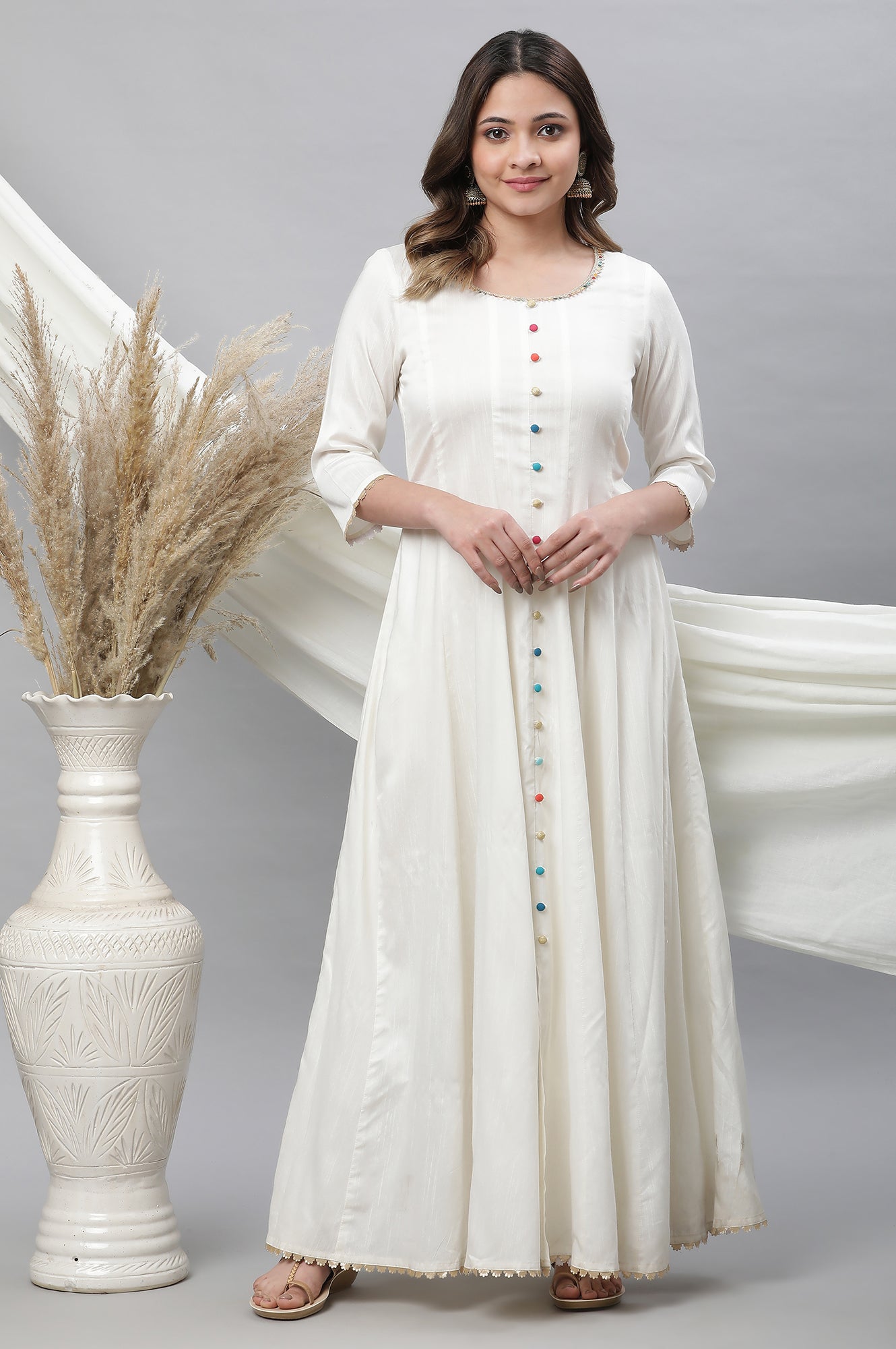 White Anarkali Kurta, Tights and Dupatta Set