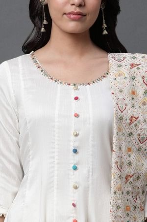 White Anarkali Kurta, Tights and Dupatta Set