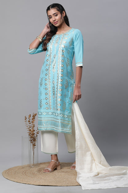 Blue Foil Printed Embellished Kurta, Pants and Dupatta Set