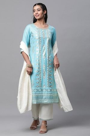 Blue Foil Printed Embellished Kurta, Pants and Dupatta Set