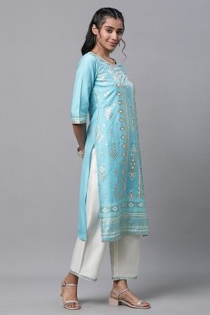 Blue Foil Printed Embellished Kurta, Pants and Dupatta Set