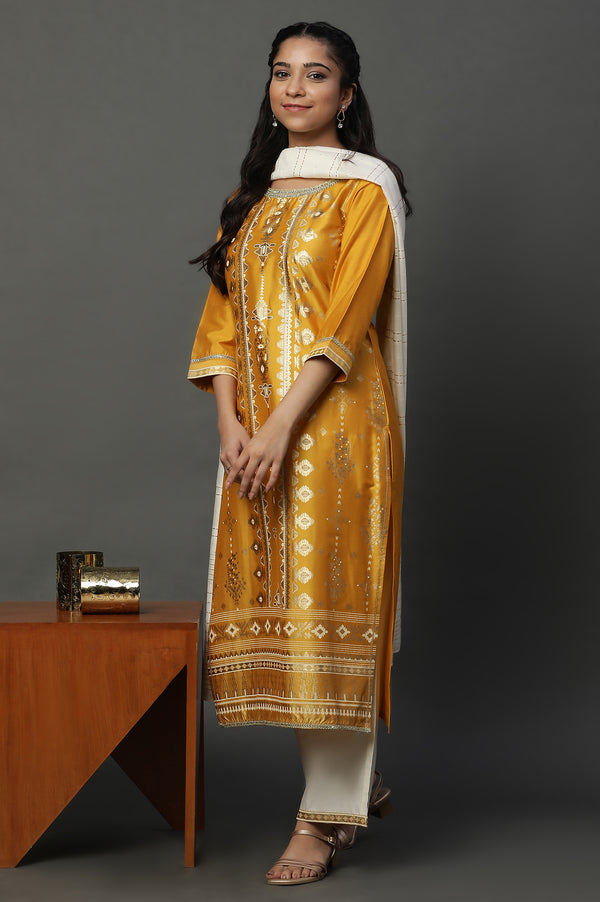 Yellow Foil Printed Embroidered Straight Kurta Pants and Dupatta Set