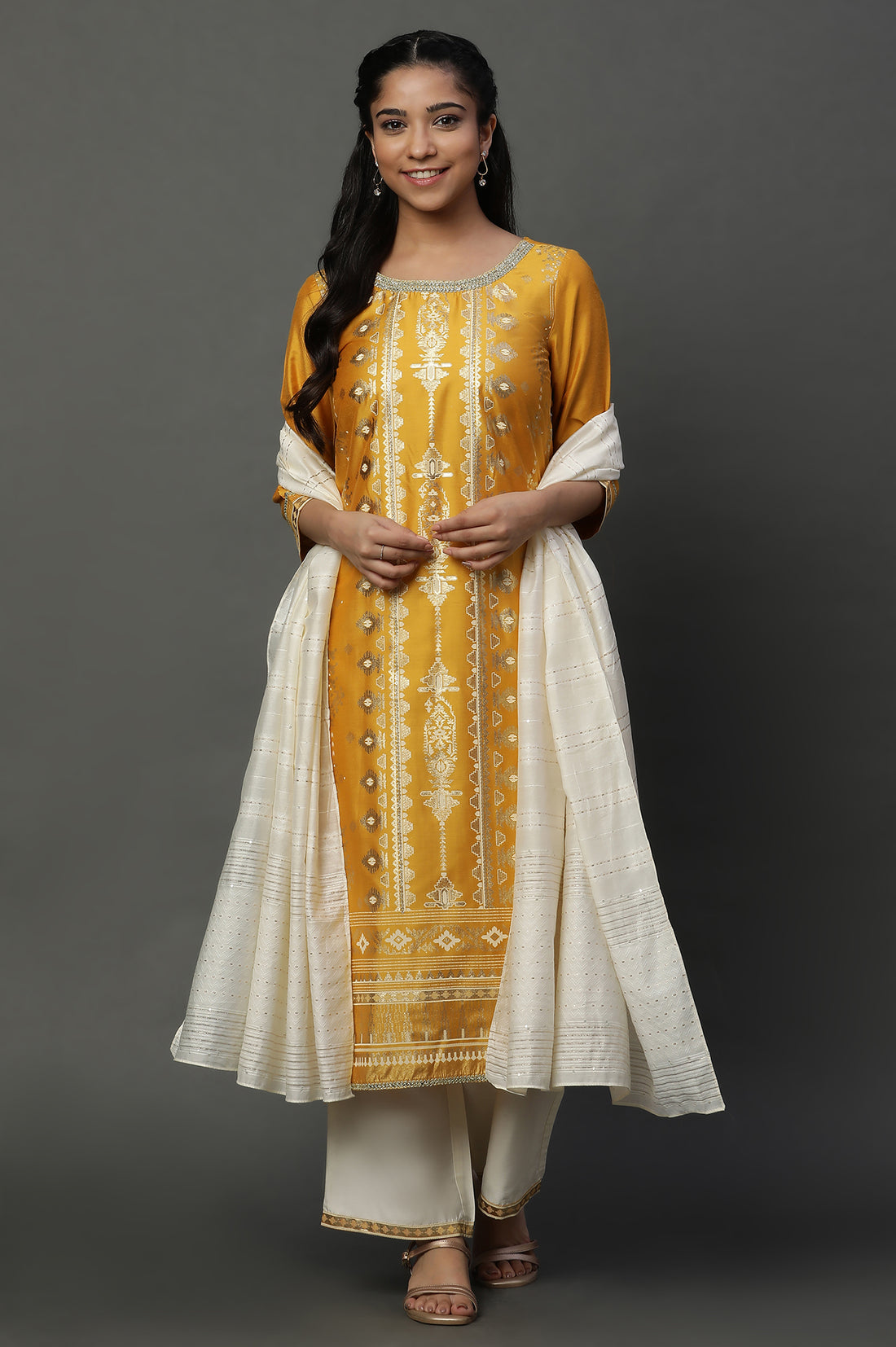 Yellow Foil Printed Embroidered Straight Kurta Pants and Dupatta Set