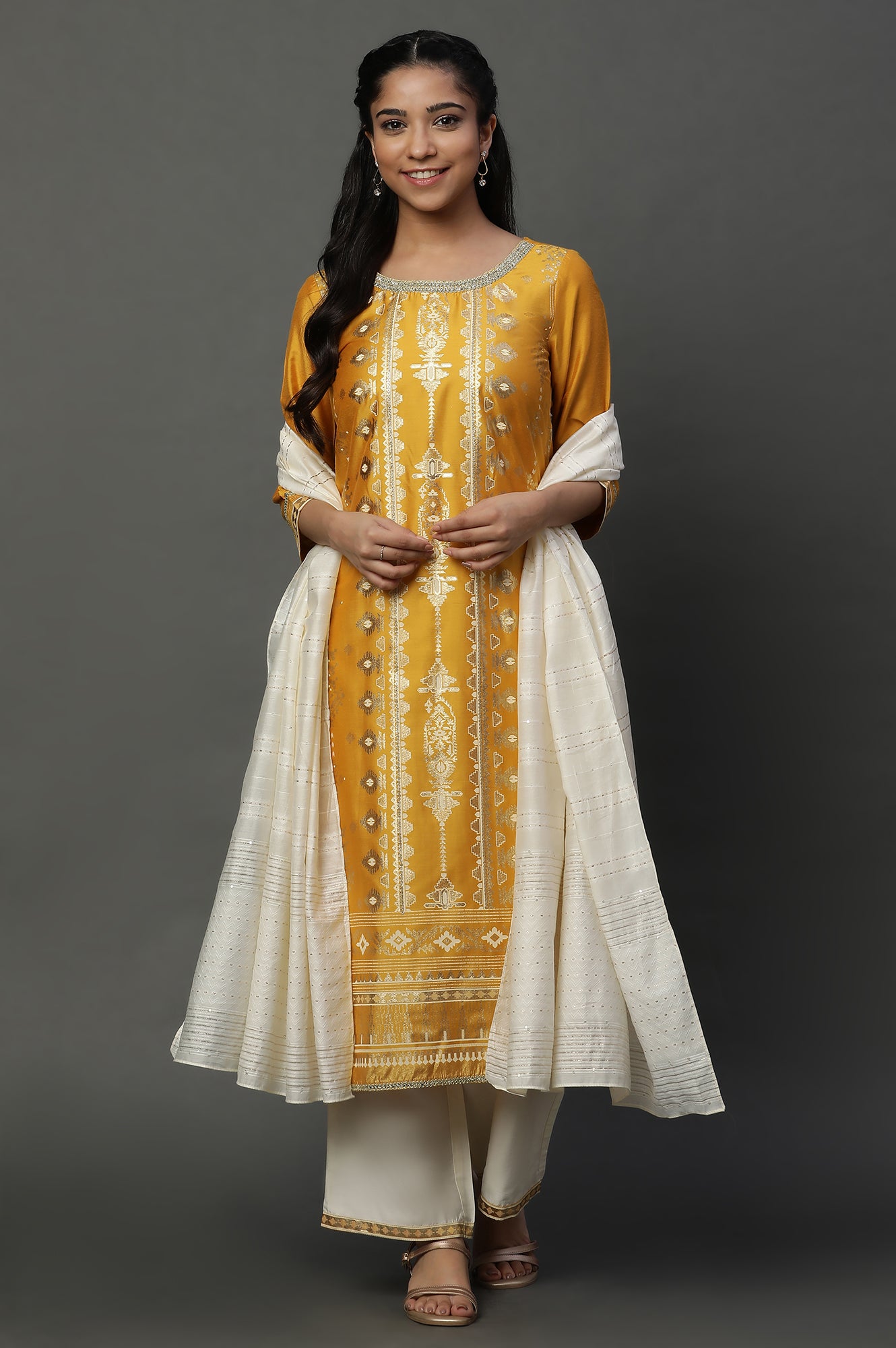 Yellow Foil Printed Embellished Kurta, Pants and Dupatta Set