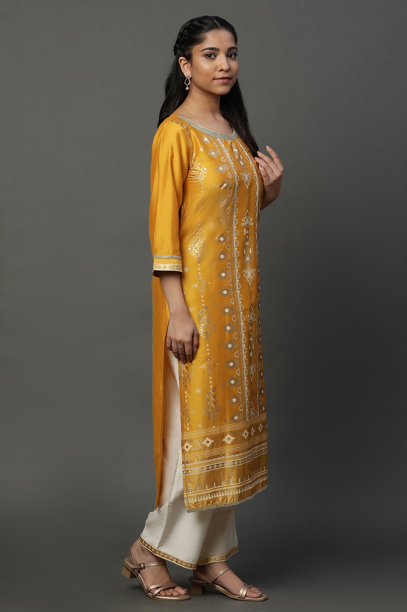 Yellow Foil Printed Embellished Kurta, Pants and Dupatta Set