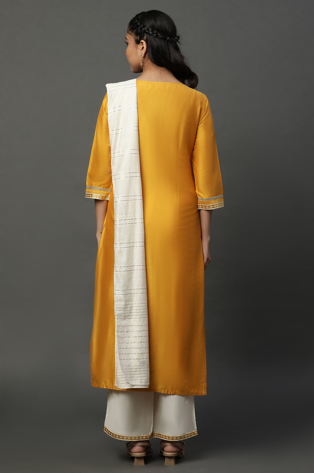 Yellow Foil Printed Embroidered Straight Kurta Pants and Dupatta Set