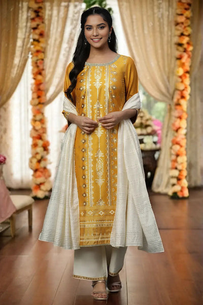 Yellow Foil Printed Embellished Kurta, Pants and Dupatta Set