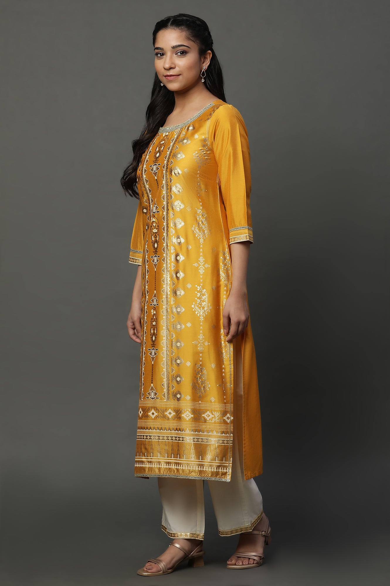 Yellow Foil Printed Embellished Kurta, Pants and Dupatta Set