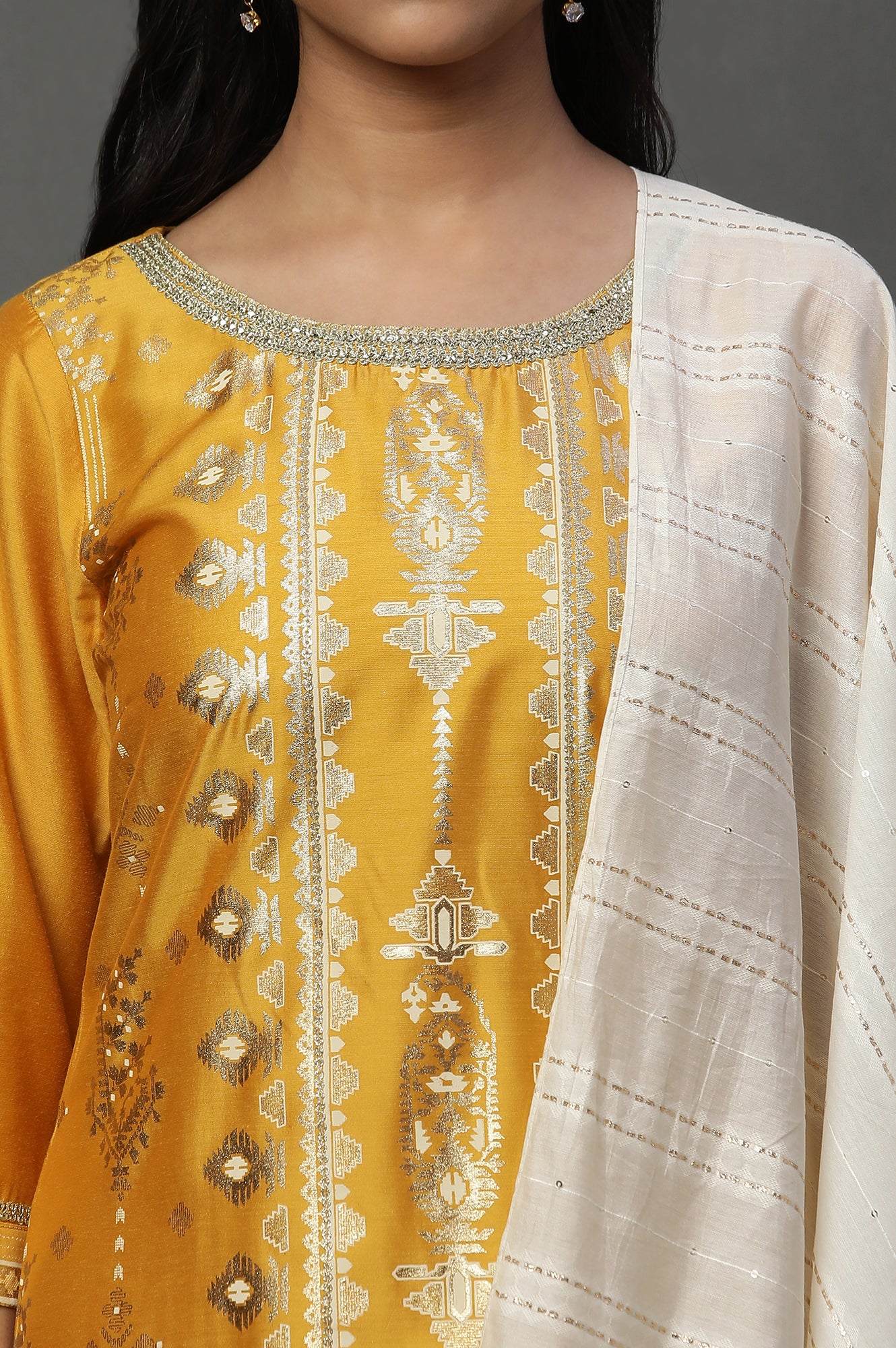 Yellow Foil Printed Embellished Kurta, Pants and Dupatta Set