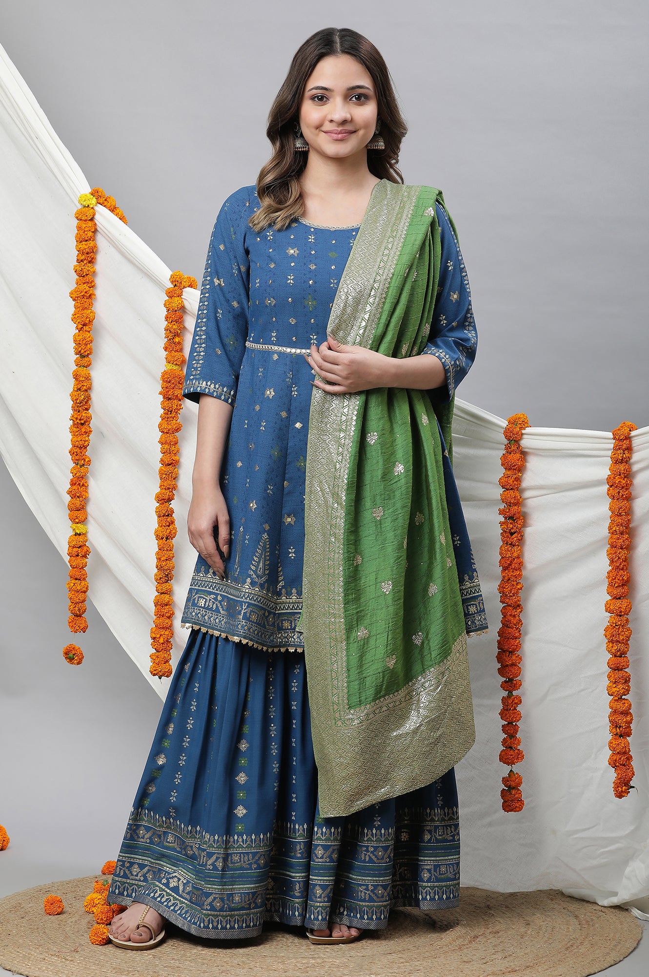 Blue Embellished Short Kurta, Sharara and Dupatta Set