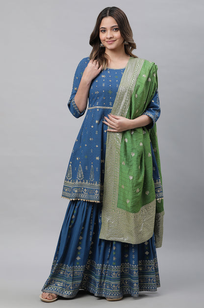 Blue Embellished Short Kurta, Sharara and Dupatta Set