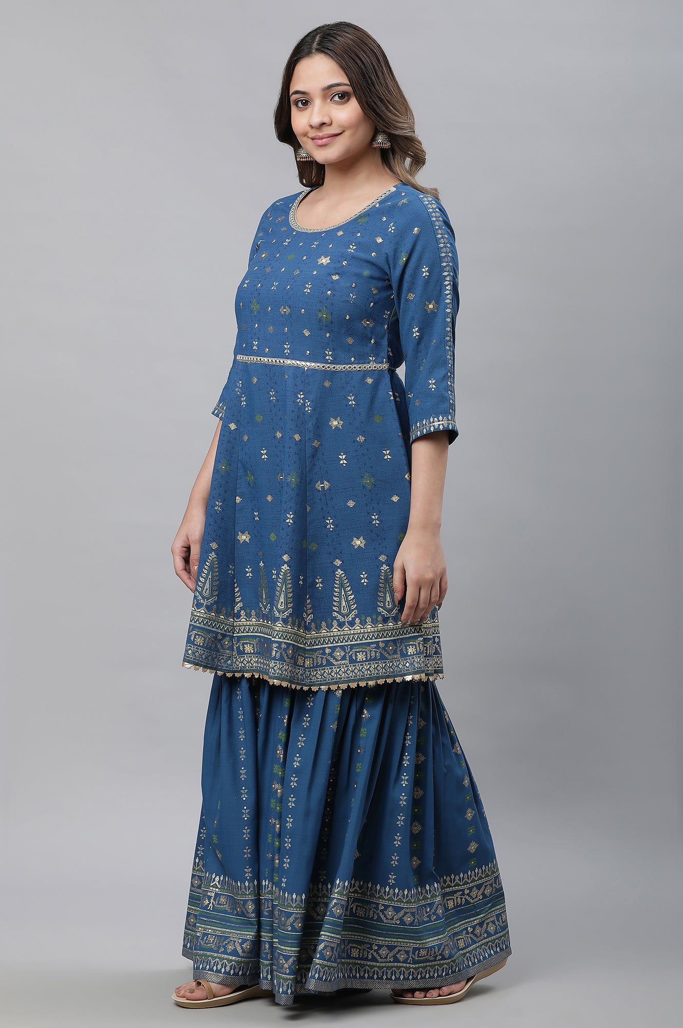 Blue Embellished Short Kurta, Sharara and Dupatta Set