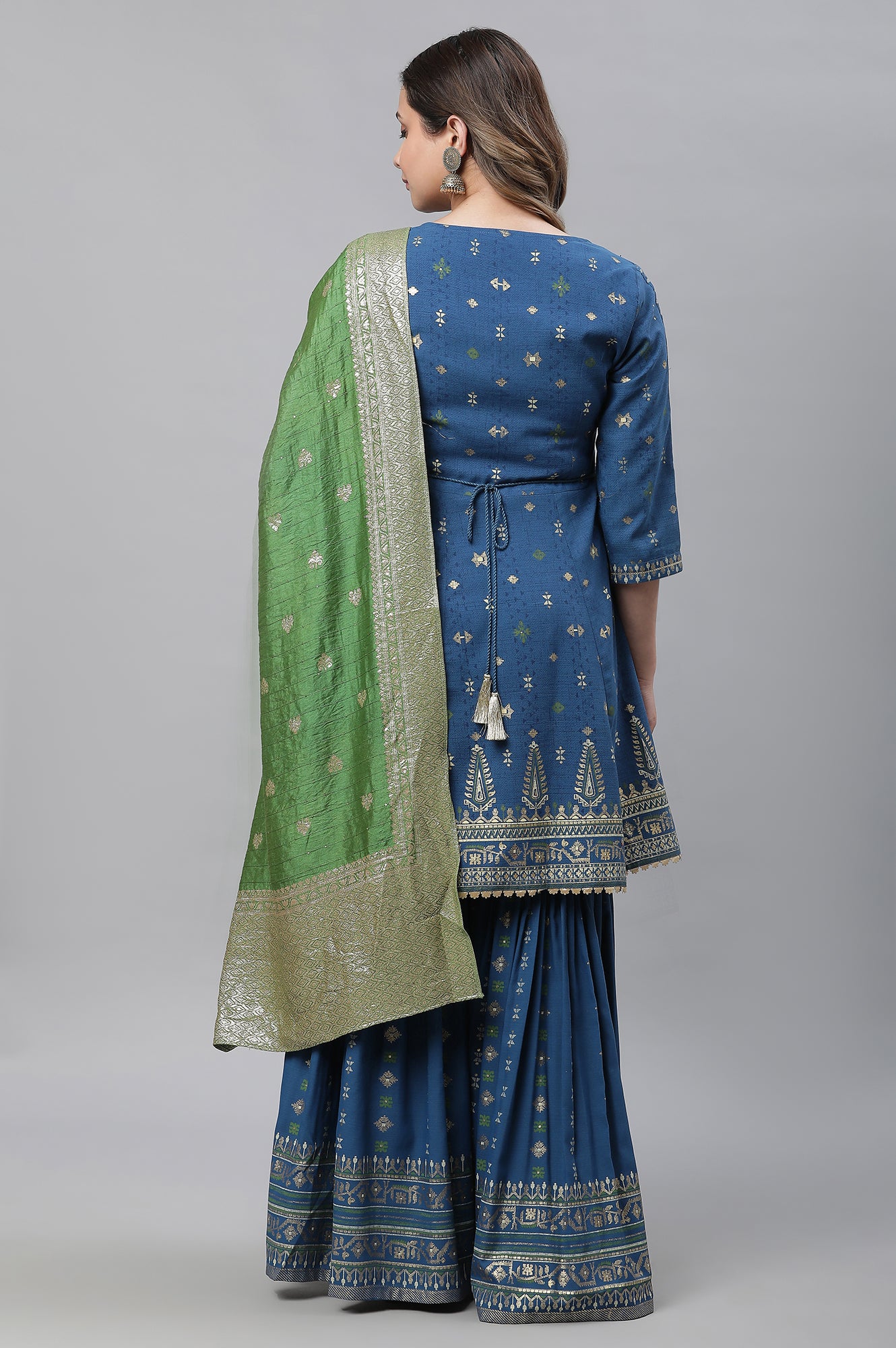 Blue Embellished Short Kurta, Sharara and Dupatta Set