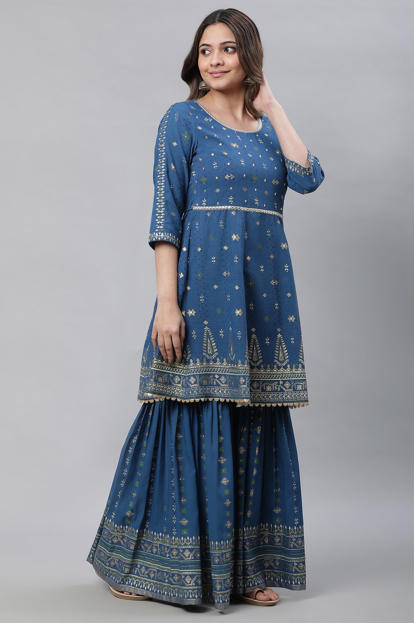 Blue Embellished Short Kurta, Sharara and Dupatta Set