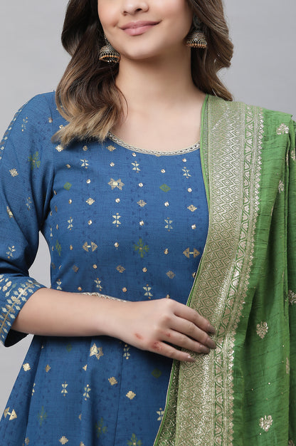 Blue Embellished Short Kurta, Sharara and Dupatta Set