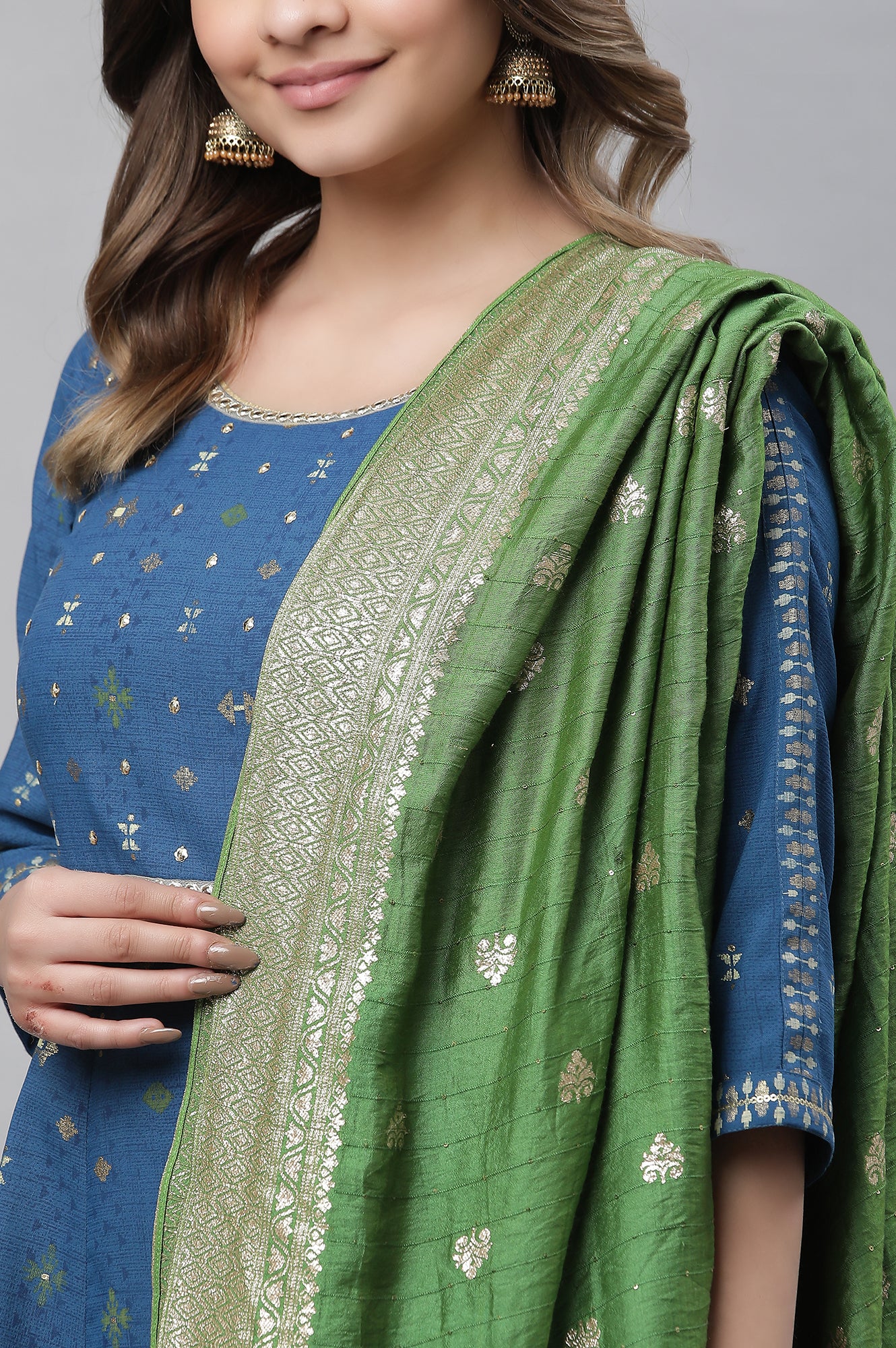 Blue Embellished Short Kurta, Sharara and Dupatta Set