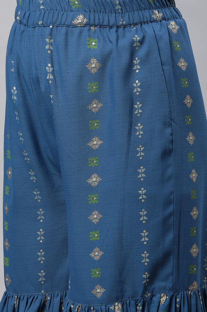 Blue Embellished Short Kurta, Sharara and Dupatta Set