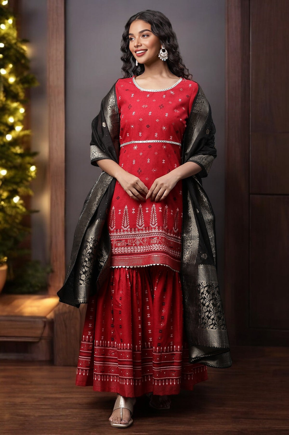 Red Mirror Embroidered Short Kurti, Sharara and Dupatta Set - S