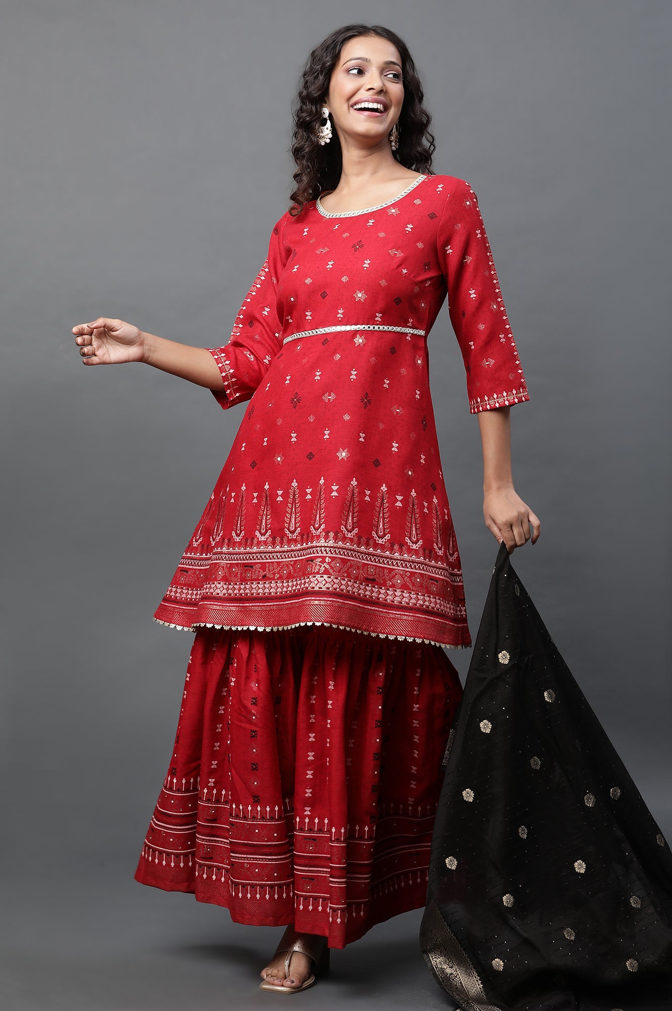 Red Mirror Embroidered Short Kurti, Sharara and Dupatta Set