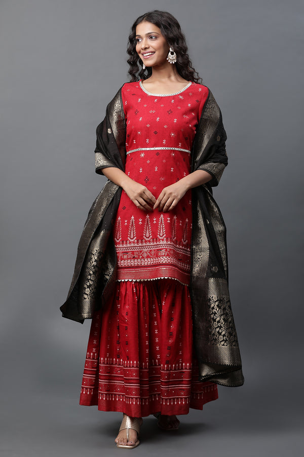 Red Mirror Embroidered Short Kurti, Sharara and Dupatta Set