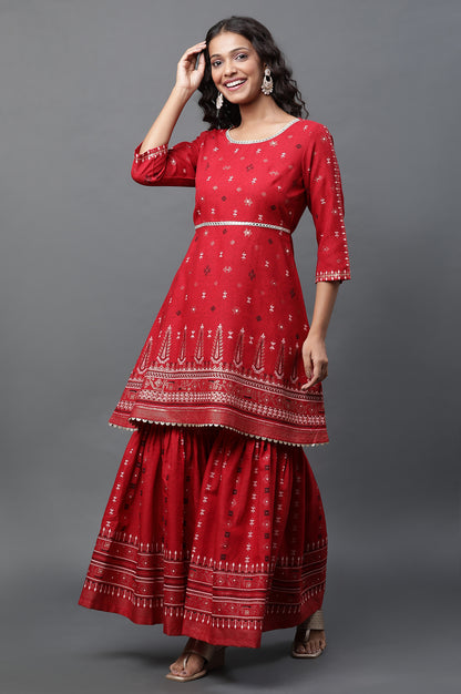 Red Mirror Embroidered Short Kurti, Sharara and Dupatta Set