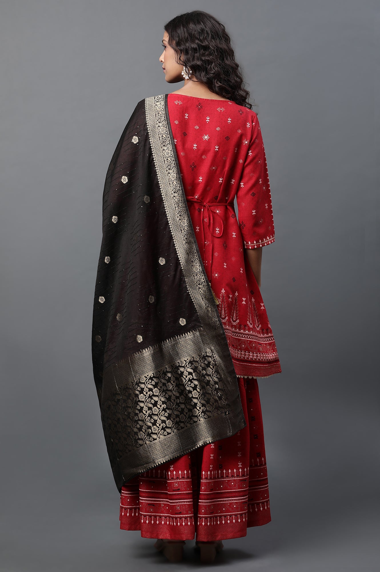 Red Mirror Embroidered Short Kurti, Sharara and Dupatta Set