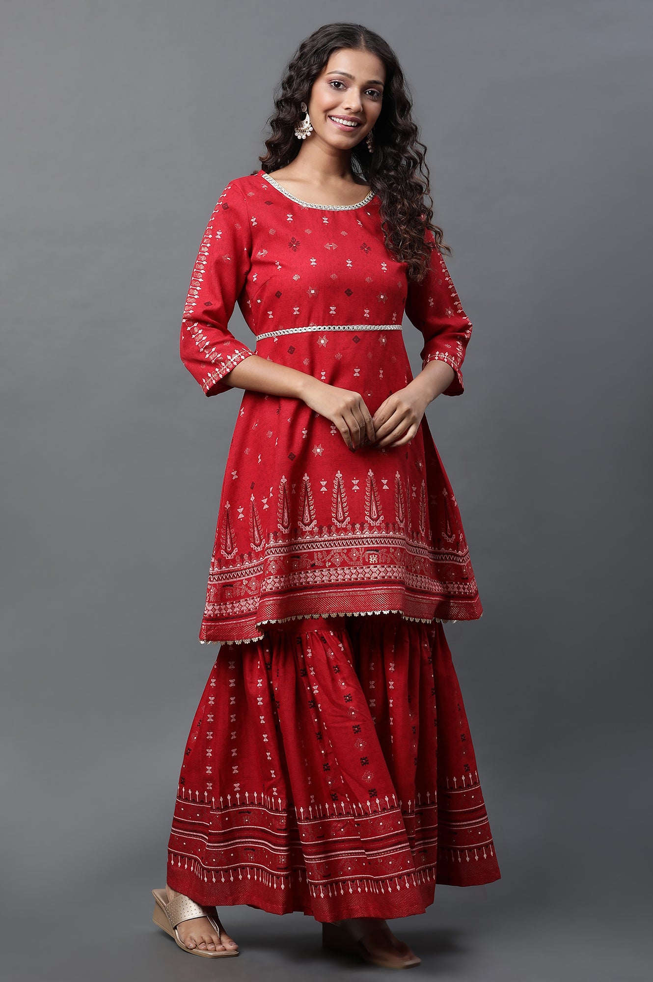 Red Mirror Embroidered Short Kurti, Sharara and Dupatta Set