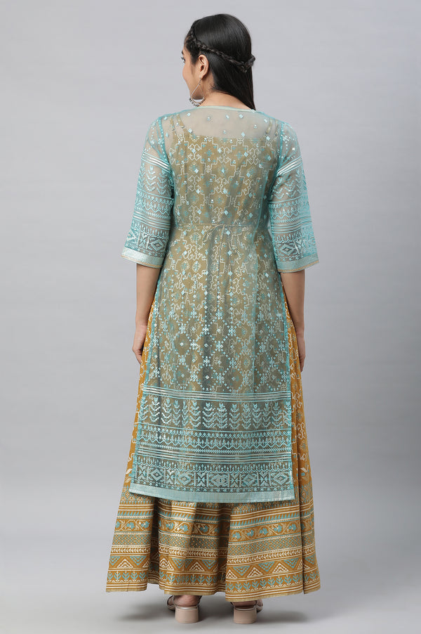 Blue Sheer Embellished Gilet and Dress Set