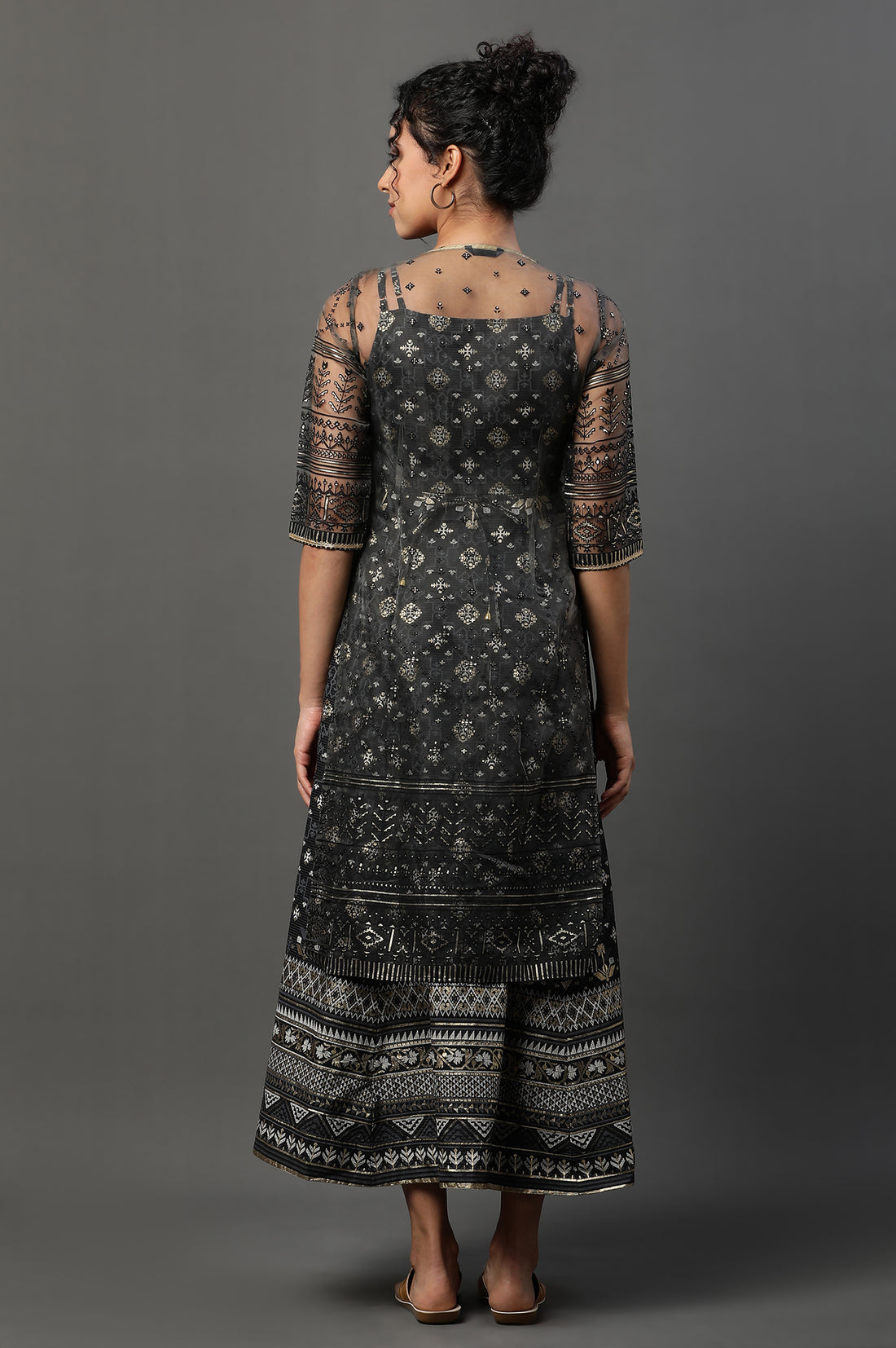 Black Sheer Embellished Gilet and Dress Set