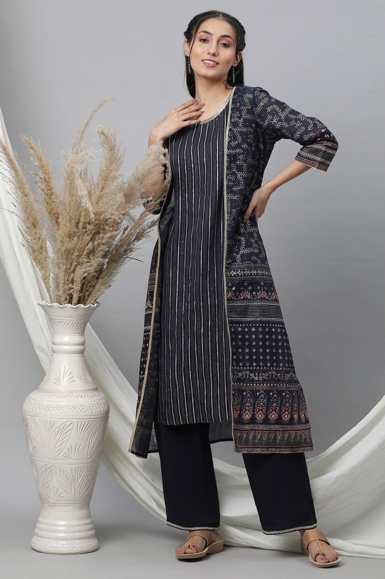 Blue Gilet, Kurta and Narrow Palazzo Festive Set