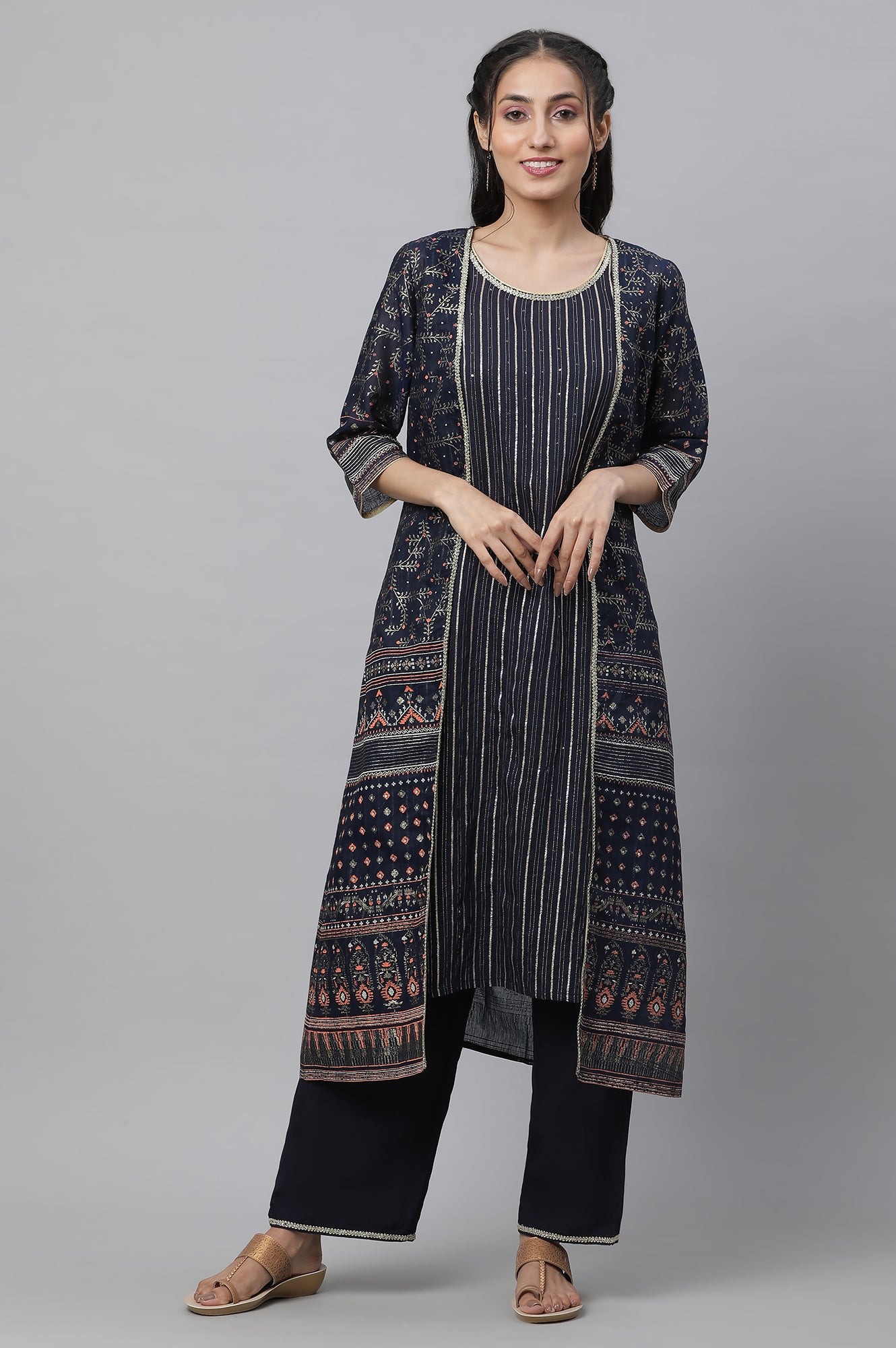 Blue Gilet, Kurta and Narrow Palazzo Festive Set