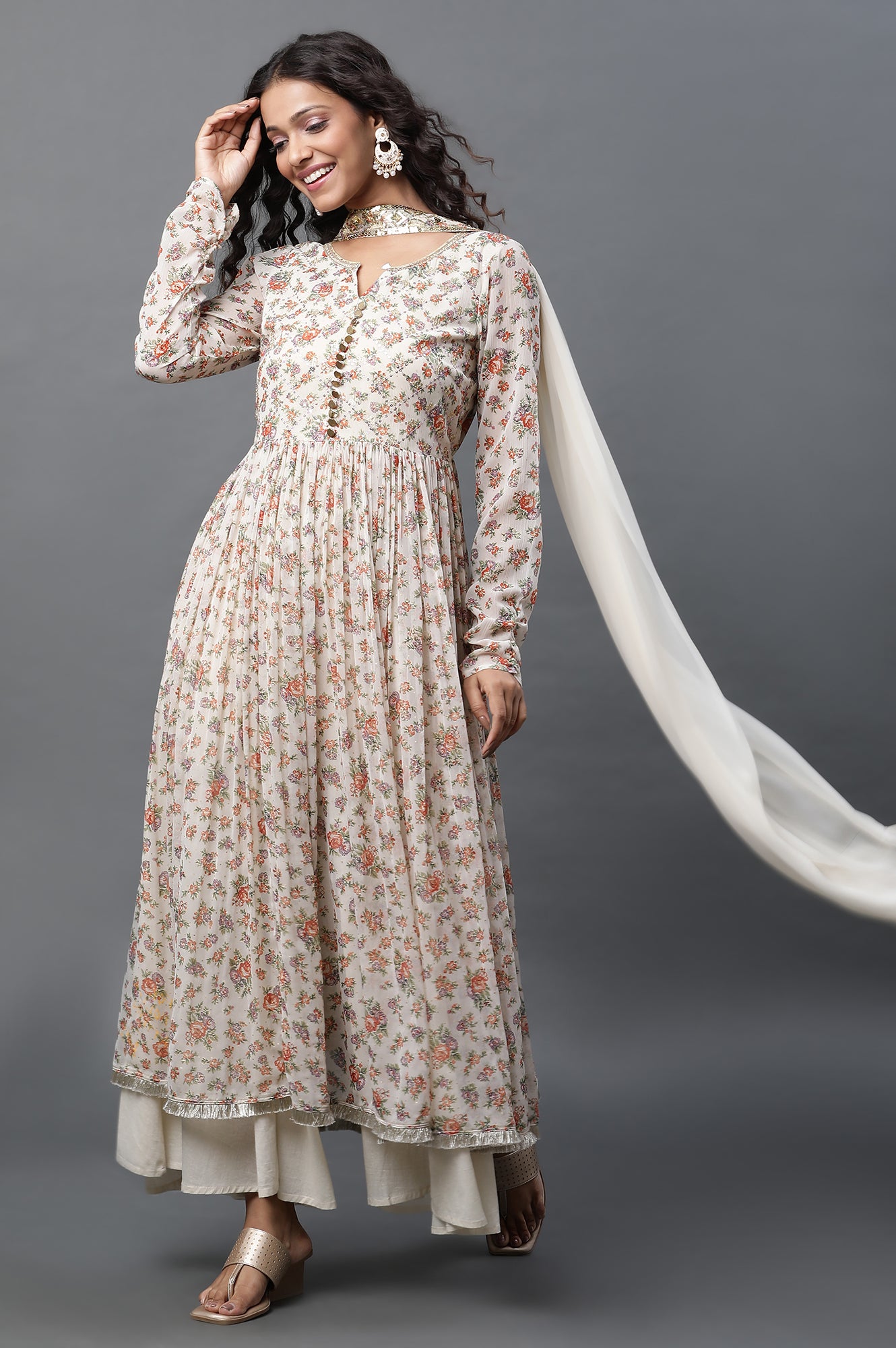 White Printed High-Slit Kurta, Semi-Flared Palazzo and Dupatta Set