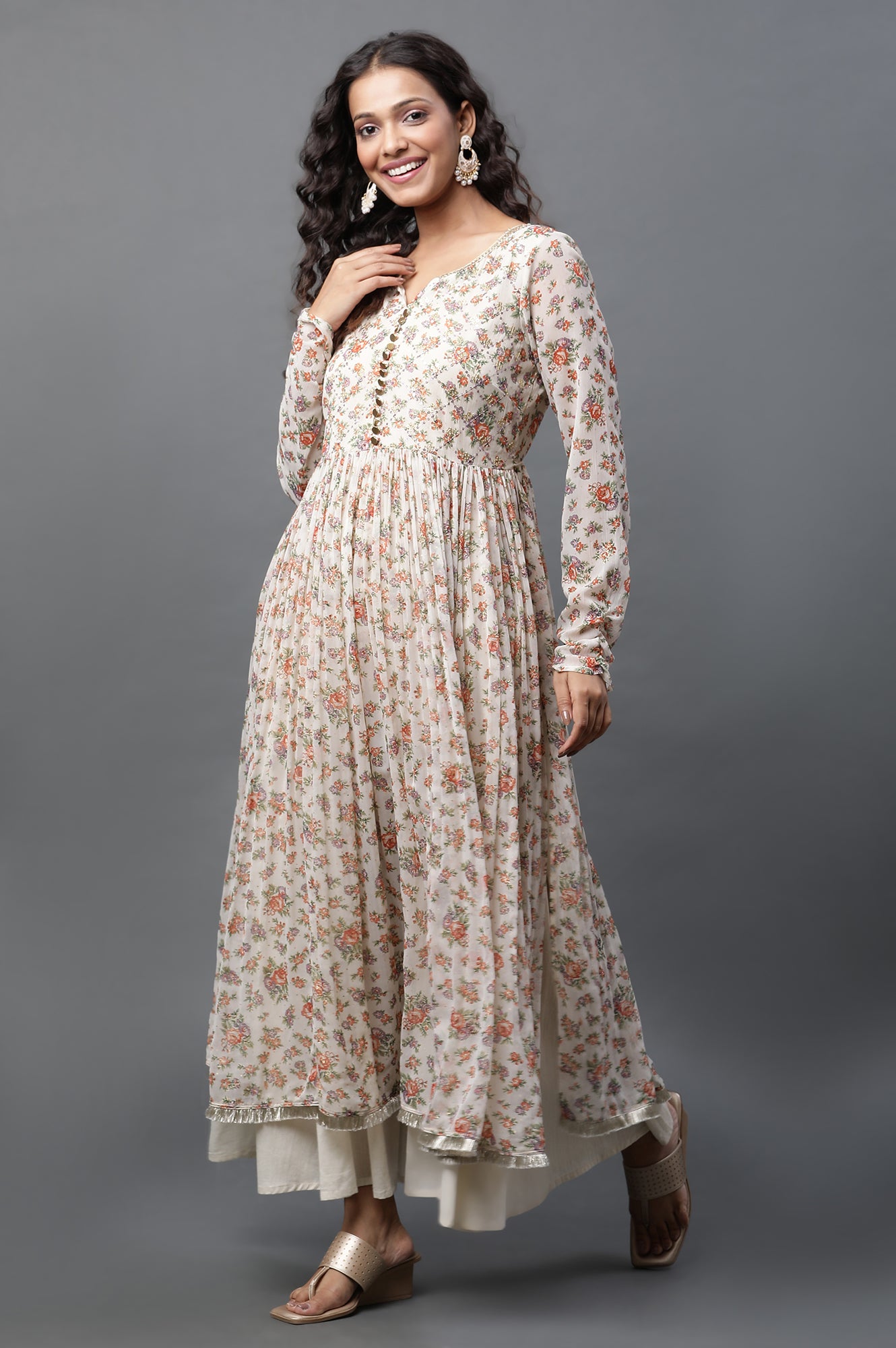 White Printed High-Slit Kurta, Semi-Flared Palazzo and Dupatta Set