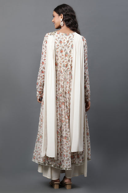 White Printed High-Slit Kurta, Semi-Flared Palazzo and Dupatta Set