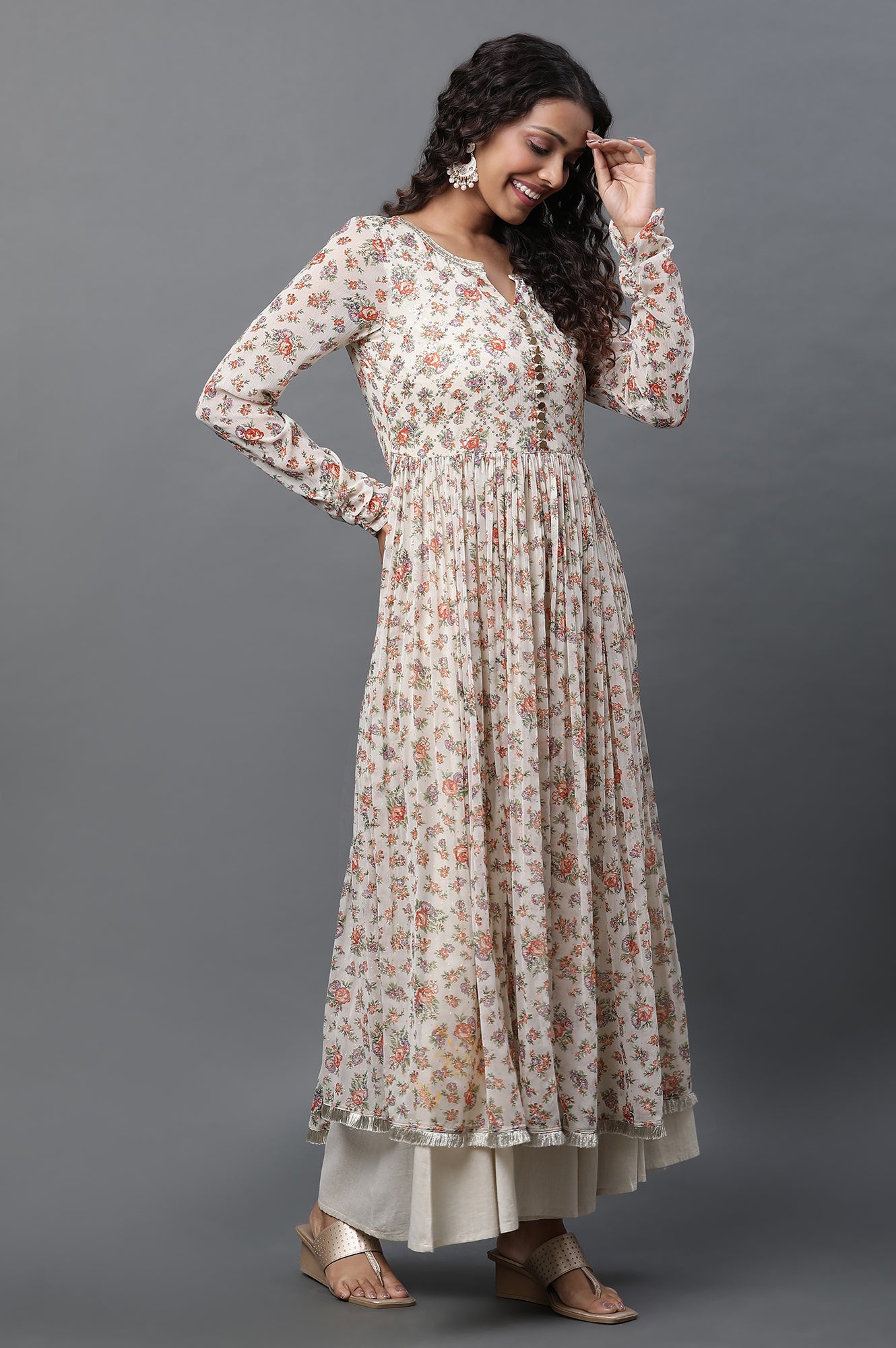 White Printed High-Slit Kurta, Semi-Flared Palazzo and Dupatta Set