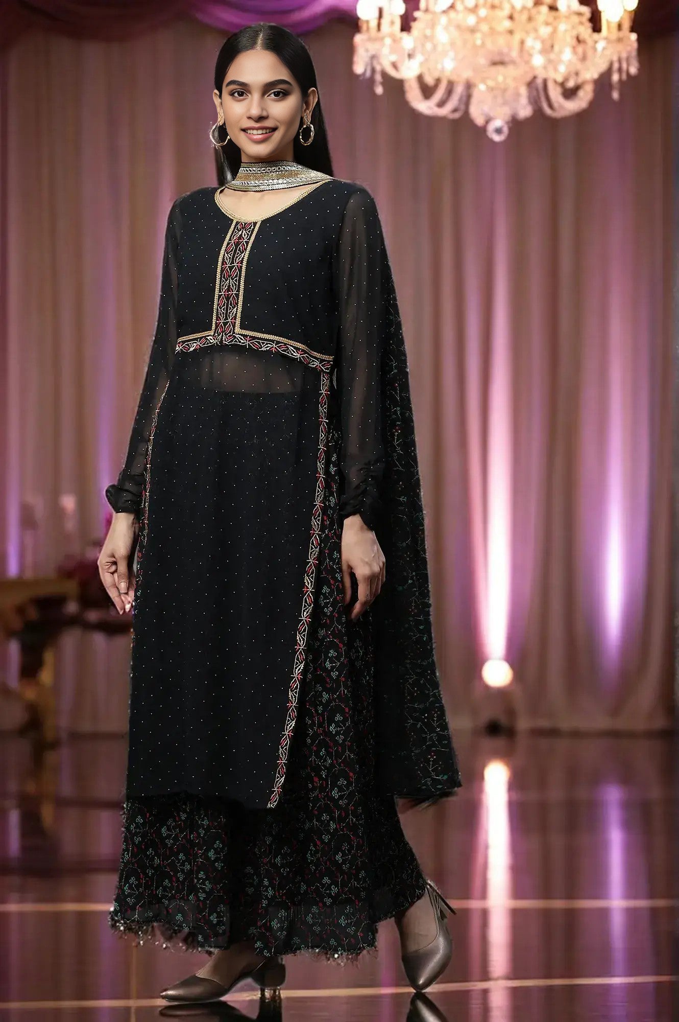 Black Sheer Embroidered High-Slit Kurta, Skirt and Choker Dupatta Set