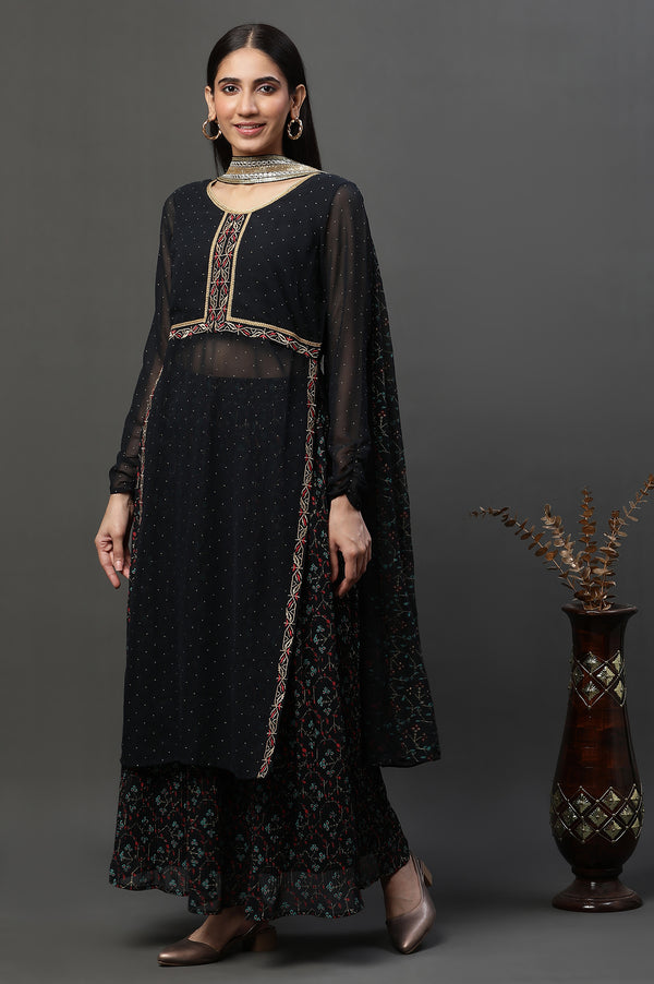 Black Sheer Embroidered High Slit Kurta, Skirt and Choker Dupatta Set