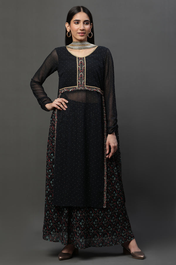 Black Sheer Embroidered High Slit Kurta, Skirt and Choker Dupatta Set