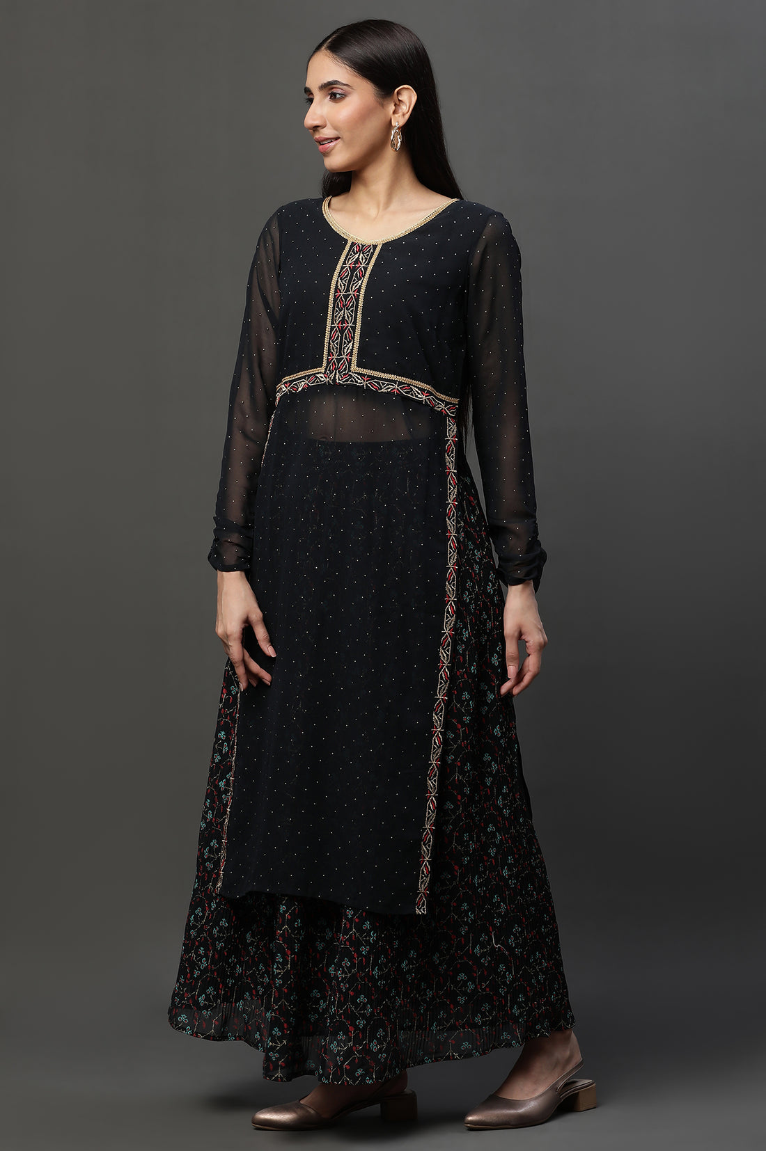 Black Sheer Embroidered High Slit Kurta, Skirt and Choker Dupatta Set
