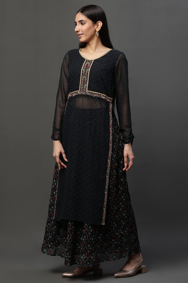 Black Sheer Embroidered High Slit Kurta, Skirt and Choker Dupatta Set
