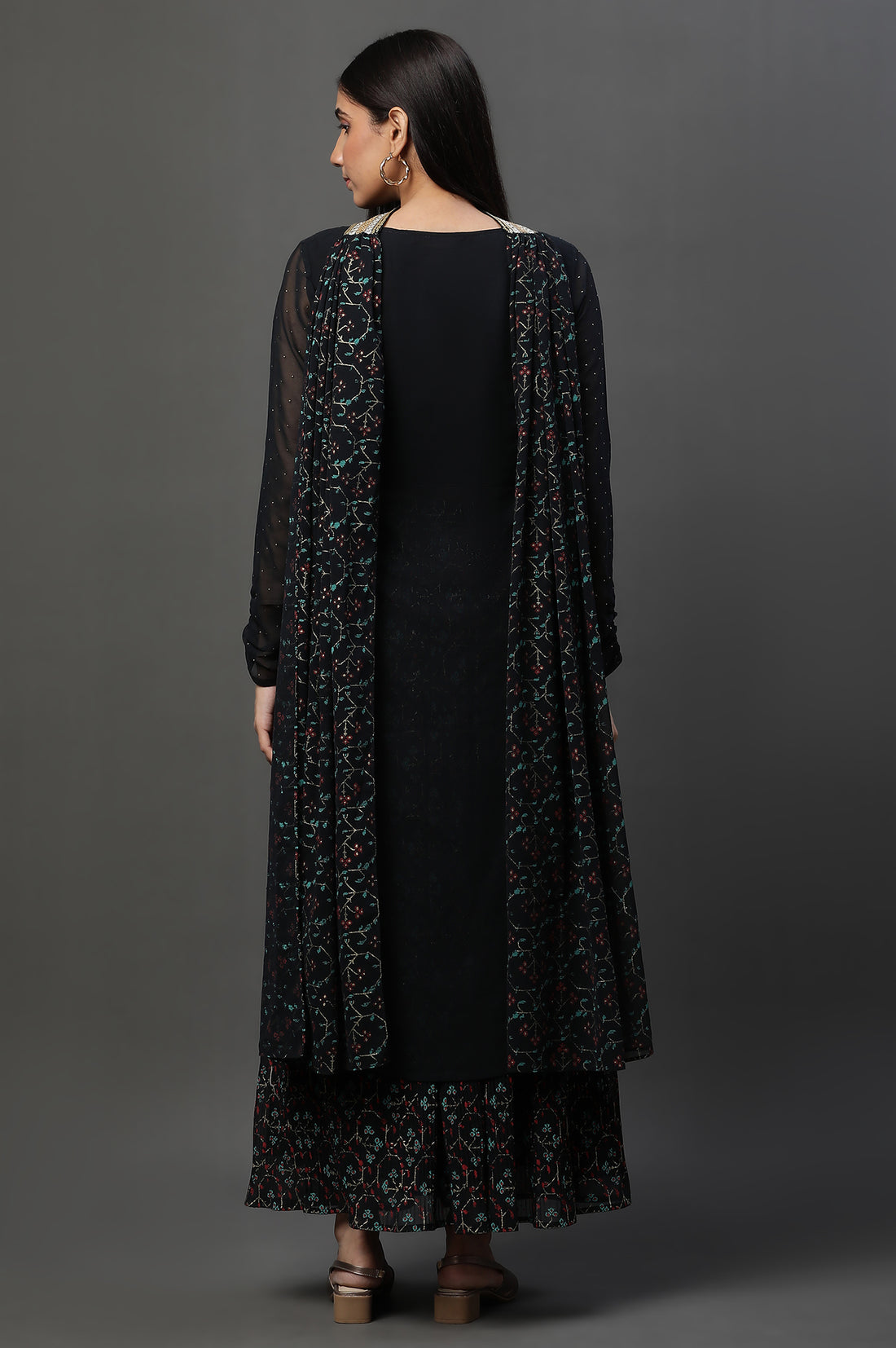 Black Sheer Embroidered High Slit Kurta, Skirt and Choker Dupatta Set