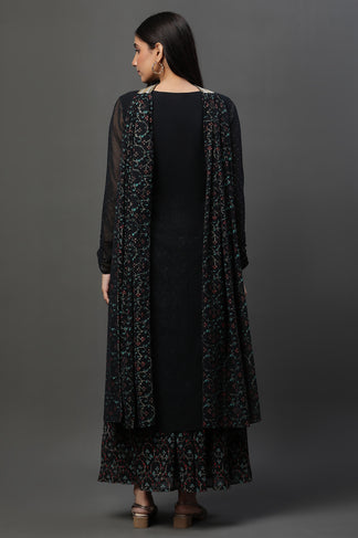 Mirror Embroidered Long Front Slit Jacket style Kurta with Accordian Pleated Skirt