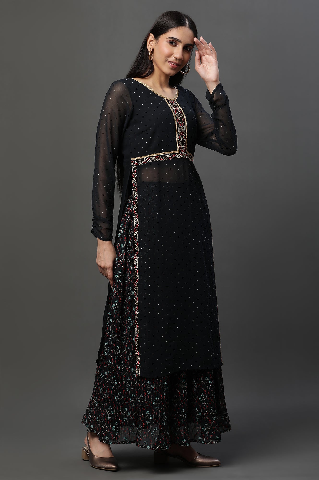 Black Sheer Embroidered High-Slit Kurta, Skirt and Choker Dupatta Set