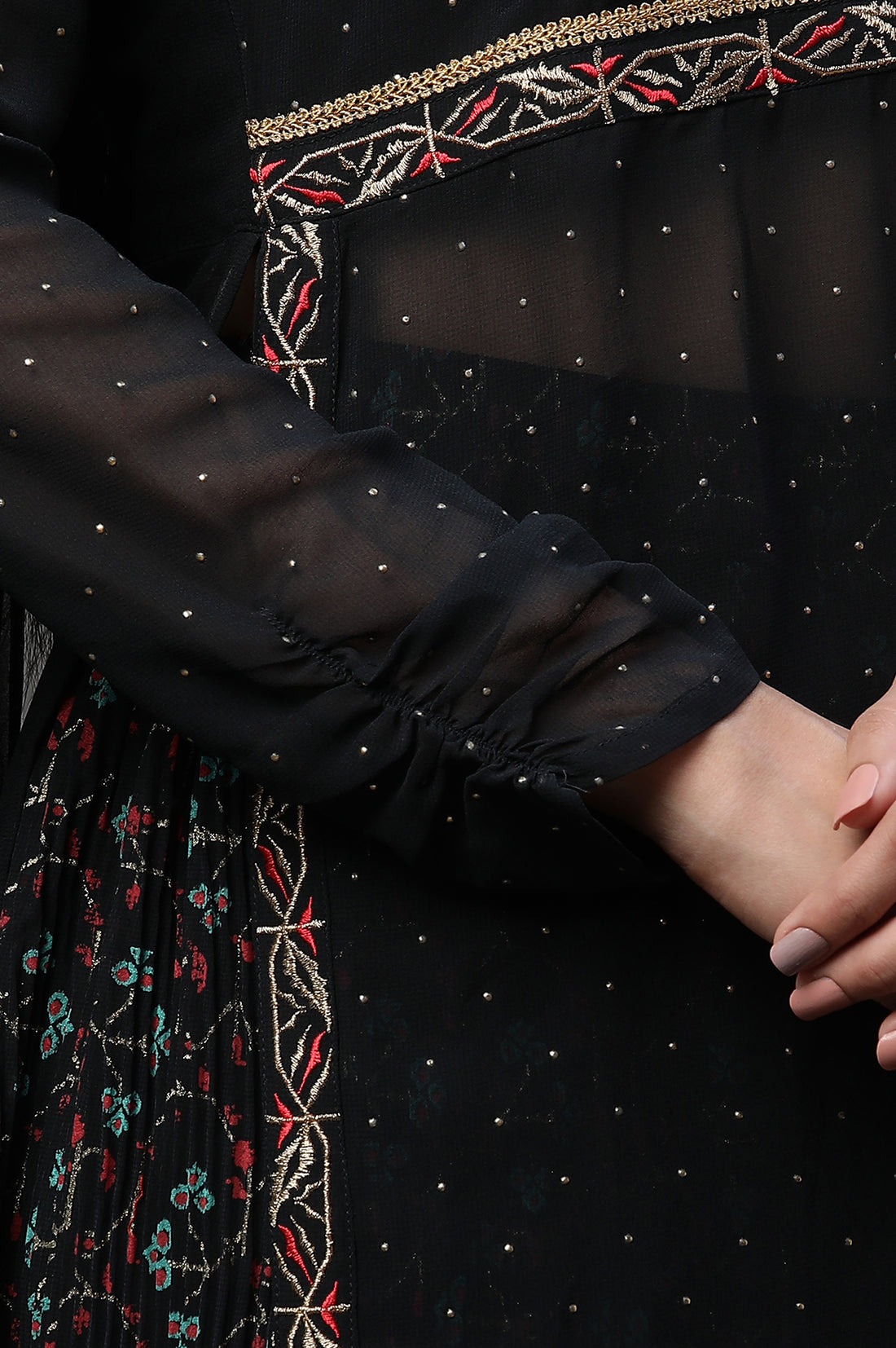 Black Sheer Embroidered High Slit Kurta, Skirt and Choker Dupatta Set