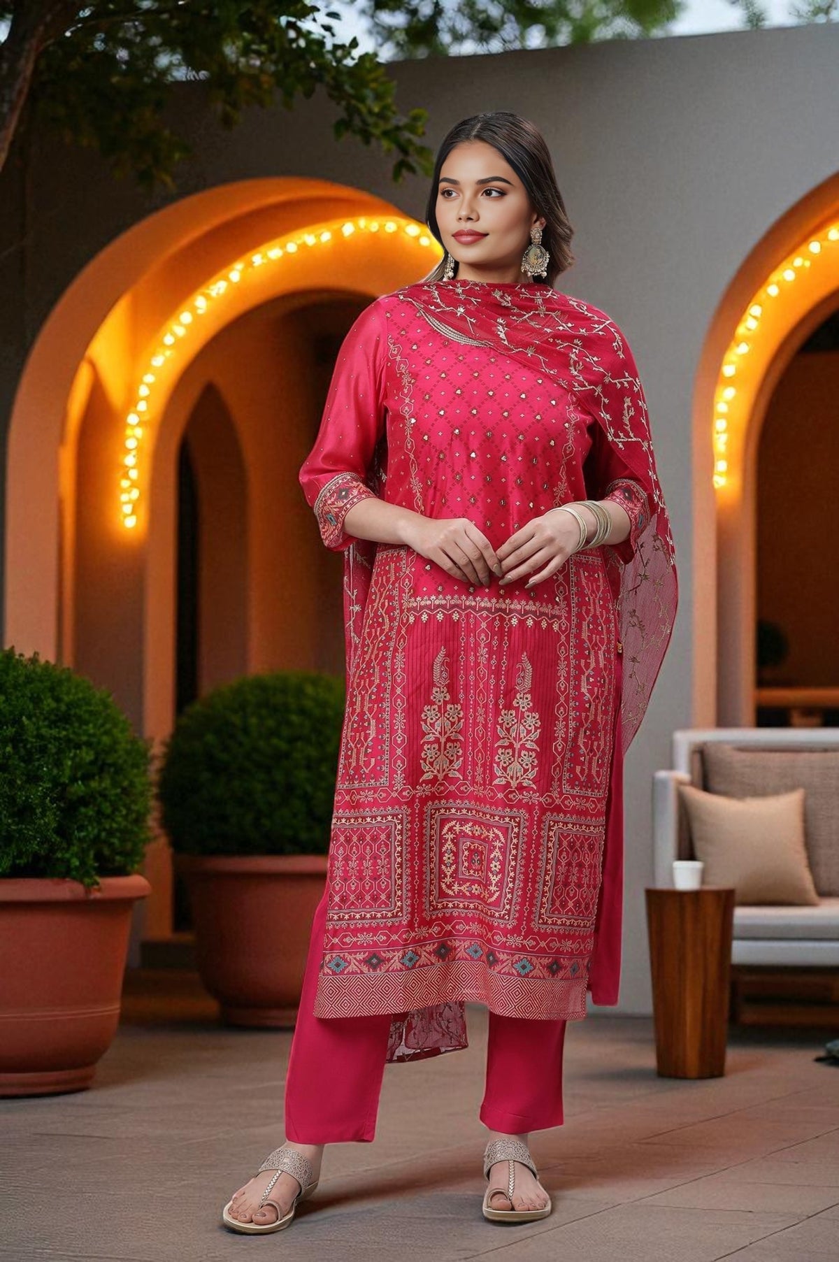 Pink Printed Festive Kurta, Pants and Embroidered Dupatta Set - S