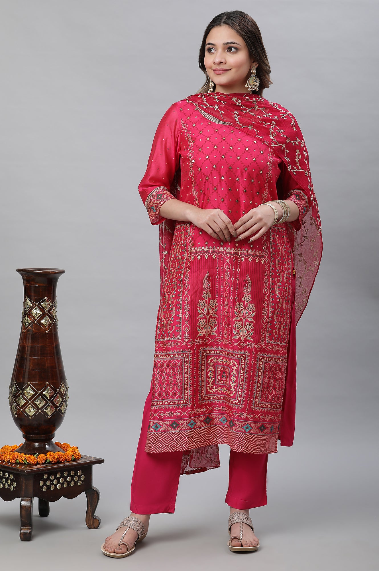 Pink Printed Festive Kurta, Pants and Embroidered Dupatta Set